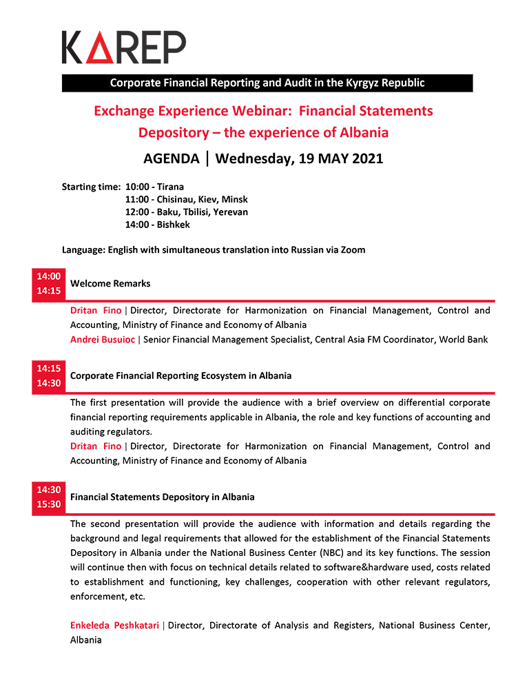 "Exchange Experience Webinar:  Financial Statements Depository – the experience of Albania" Agenda