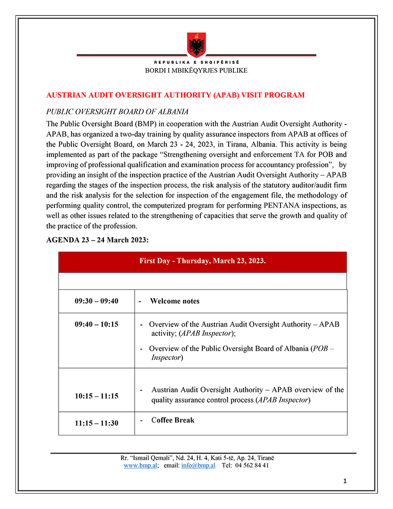 "Strengthening audit oversight and enforcement in Albania: Training visit by the Austrian Audit Oversight Authority" Agenda